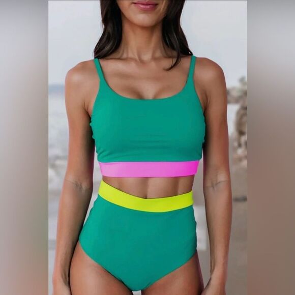 Colorblock 2 piece Full Coverage Bright Colors Bikini - Picture 1 of 8